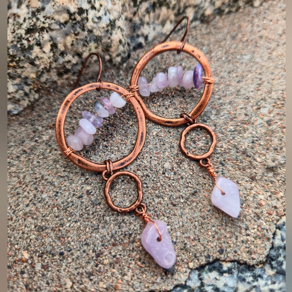 Handcrafted Rustic Afghani Kunzite In Antique Primitive Copper Artisan Earrings